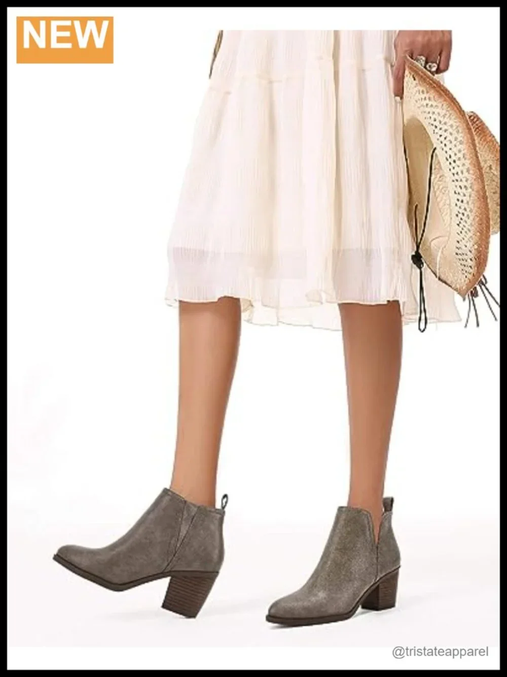 Faux Suede Ankle Boots Chunky Stacked Heel Slip On Booties